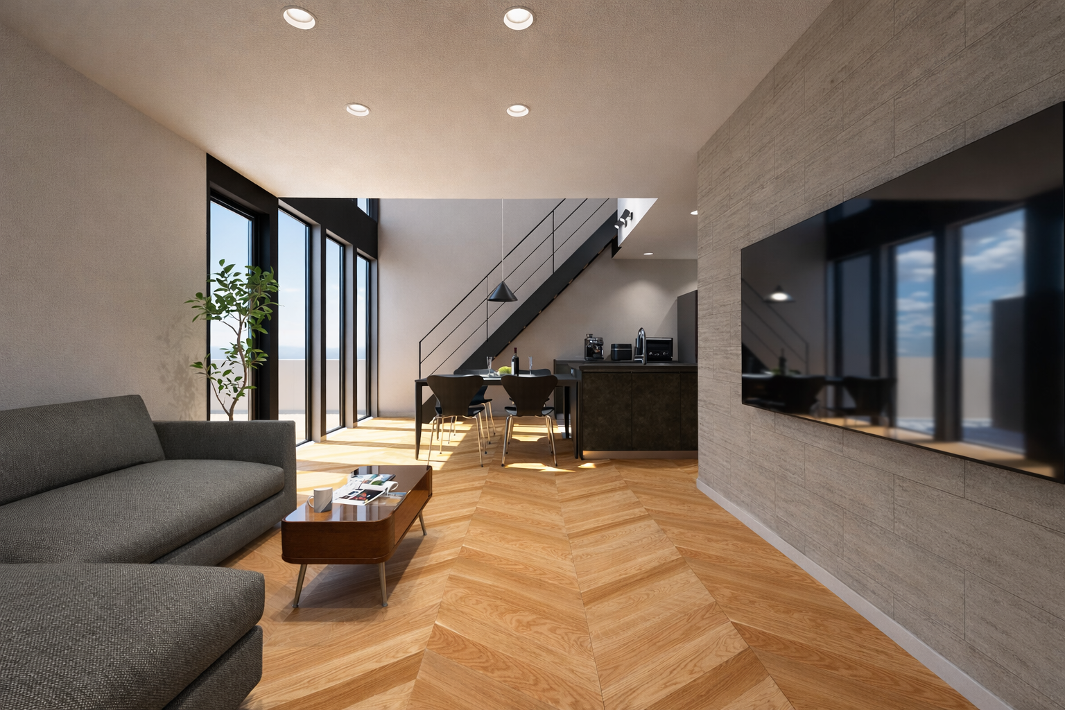 吹き抜け＋大開口のLDKで、光と開放感に包まれる